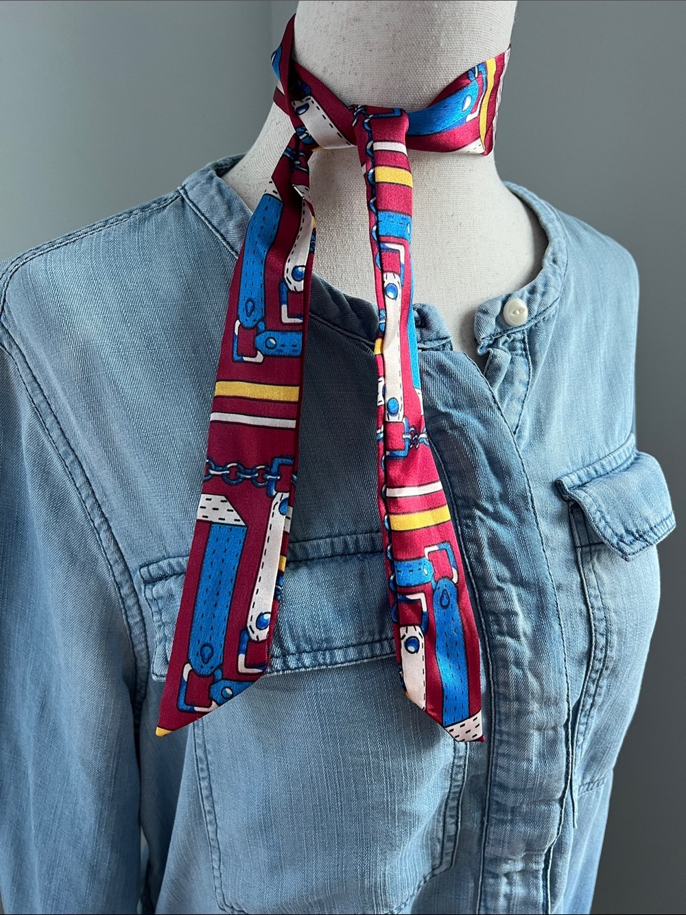 Silky Red Yellow & Blue Narrow 34” x 1.25” Neck Scarf 🧣
